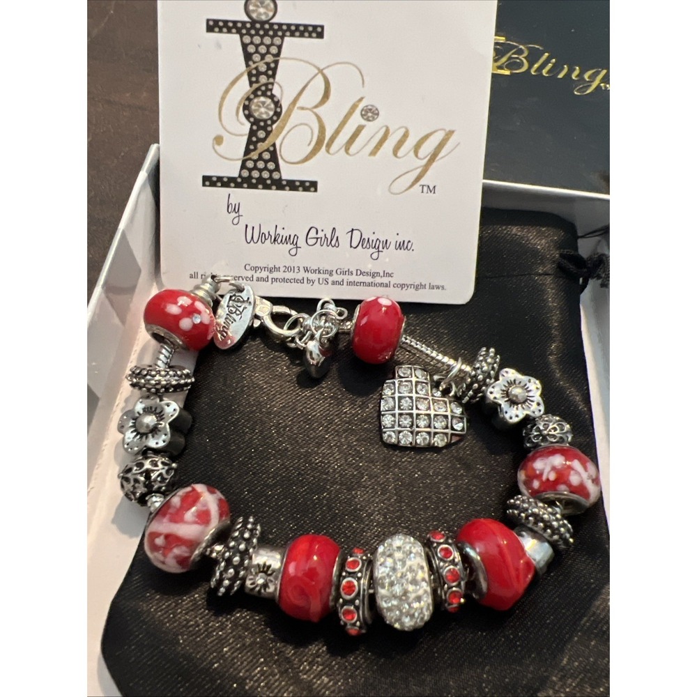 Working Girls Design Bling Red White Glass Beads Bracelet Red Hibiscus